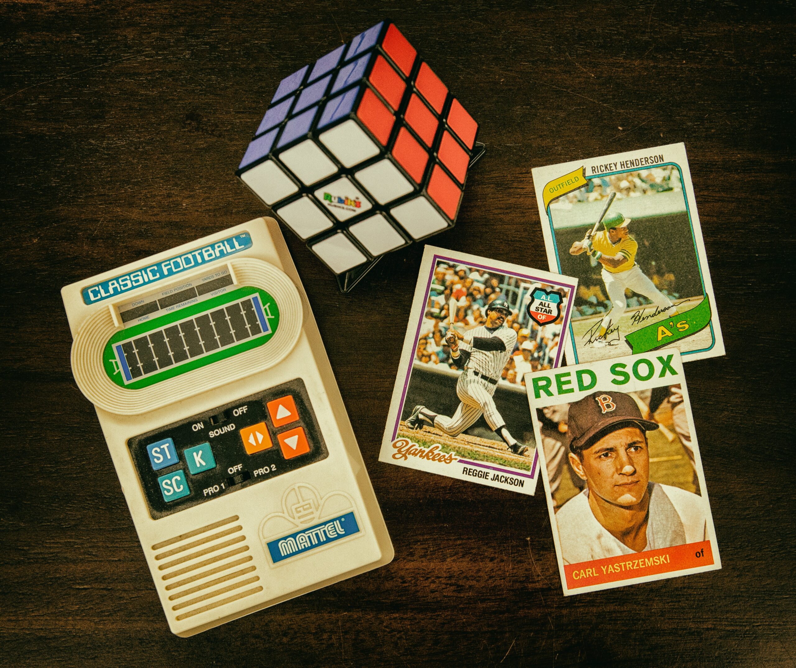 vintage trading cards and hand held game